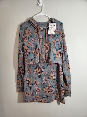 Latched Mama Gray Hooded Floral Tunic Dress - Pink & Blue Accents